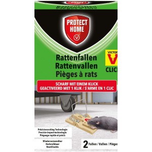 Protect Home Rattenfallen Click, 2er-Pack. Kunststofffalle mit Köder und Ratte.