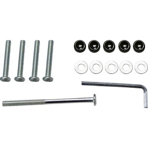 Montage-Set für Esstisch-Lounge-Gruppe: Schrauben, Unterlegscheiben, Kappen und Imbusschlüssel.