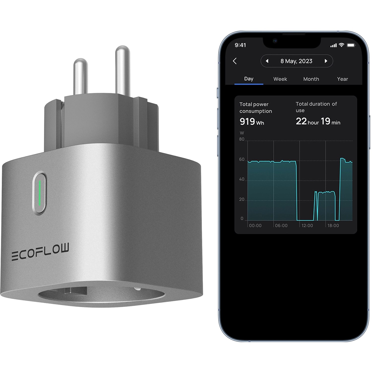 Ecoflow Smart Plug in Silber mit App-Anzeige des Energieverbrauchs. Intelligente Steuerung für Solaranlagen.