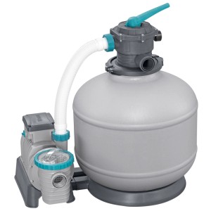 Bestway Sandfilteranlage mit Zeitschaltuhr, grauer Filtertank, Pumpe und 6-Wege-Ventil für Pool.