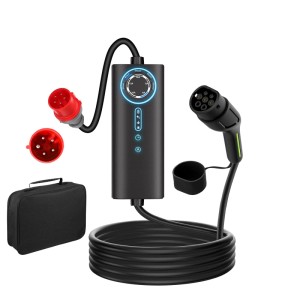Schwarzes Junsun 11kW Typ 2 EV-Ladegerät mit 8m Kabel, rotem CEE-Stecker, Steuerbox und Tasche.