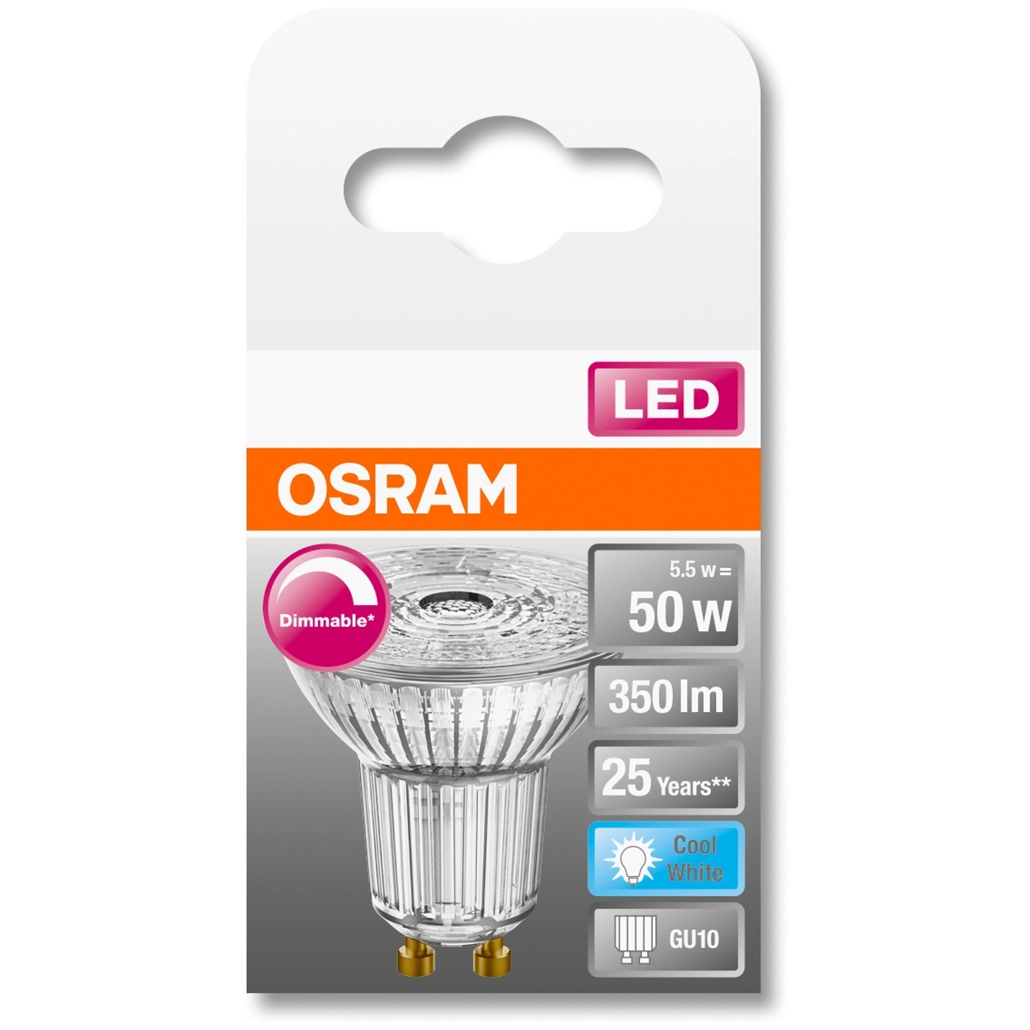 Osram GU10 LED-Lampe, 4,5W, neutralweiß, 350 Lumen, dimmbar. Energiesparend und langlebig.