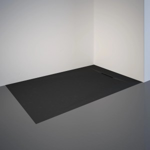 Rechteckige, extraflache Schulte Duschwanne ExpressPlus, 140x90 cm, in Anthrazit mit Steinoptik.