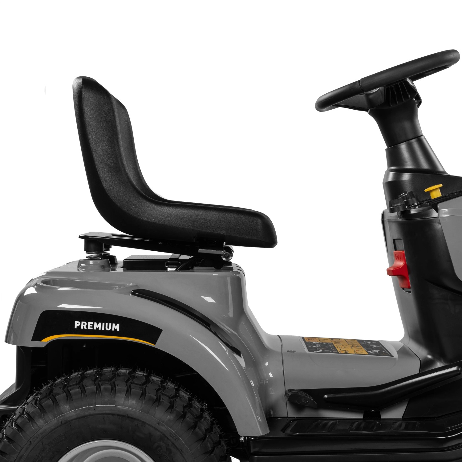 Detailansicht: Texas Premium Rasentraktor TTS98H mit Sitz und Lenkrad.