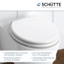 Weißer Schütte WC-Sitz mit Holzkern und Absenkautomatik auf einer Toilette.