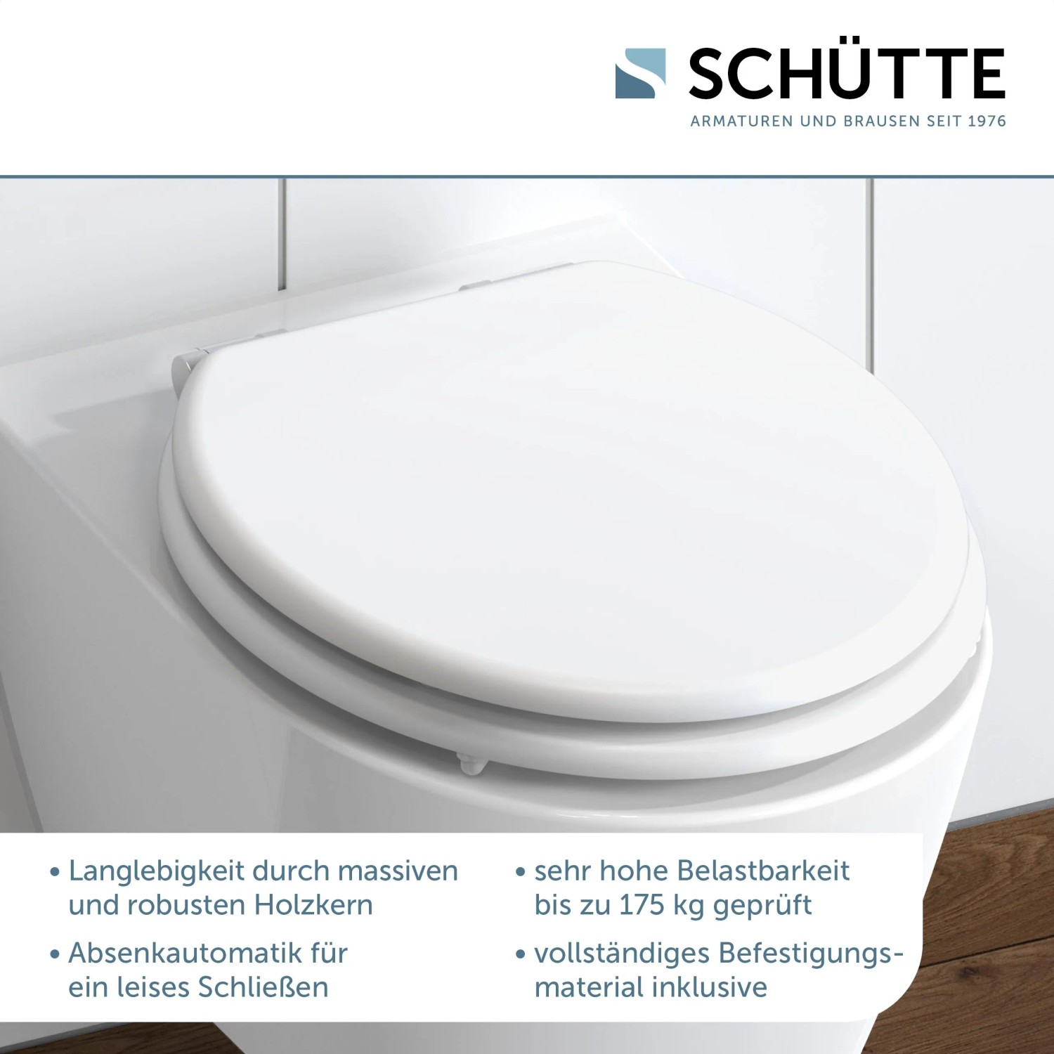Weißer Schütte WC-Sitz mit Holzkern und Absenkautomatik auf einer Toilette.