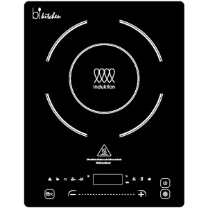 Schwarze BiKitchen Induktionskochplatte cook 400 mit Touch-Bedienfeld und digitalem Display.
