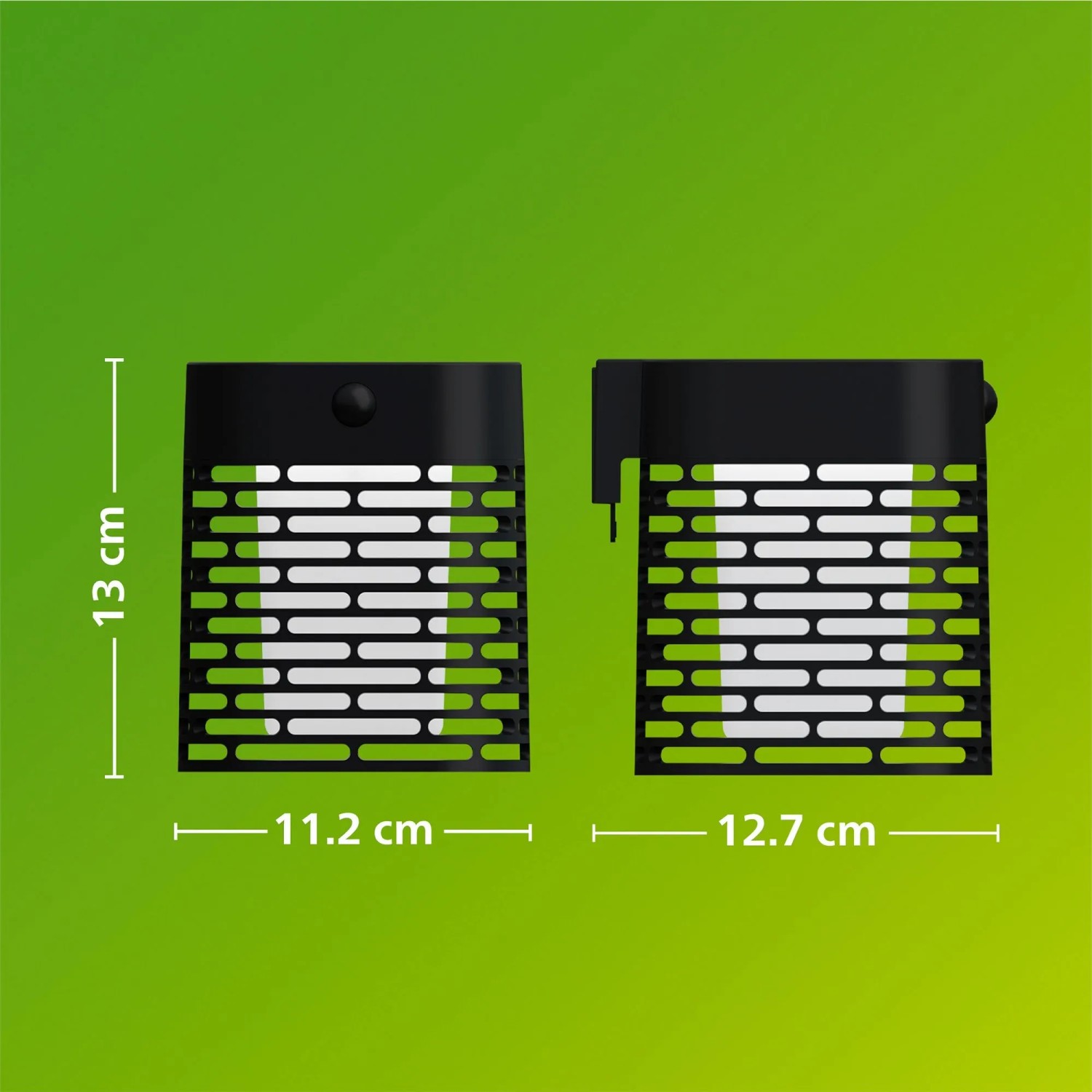 Philips Hara Solar-Wandleuchte, schwarz, mit Maßen. Außenleuchte mit Bewegungssensor.