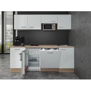 Flex-Well Büroküche Valero, 210 cm, Hochglanz Weiß/Sonoma Eiche mit E-Geräten.