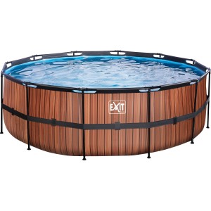 Runder EXIT Wood Pool, Ø 427 cm, mit Holzoptik, Stahlrahmen und blauer Innenfolie.
