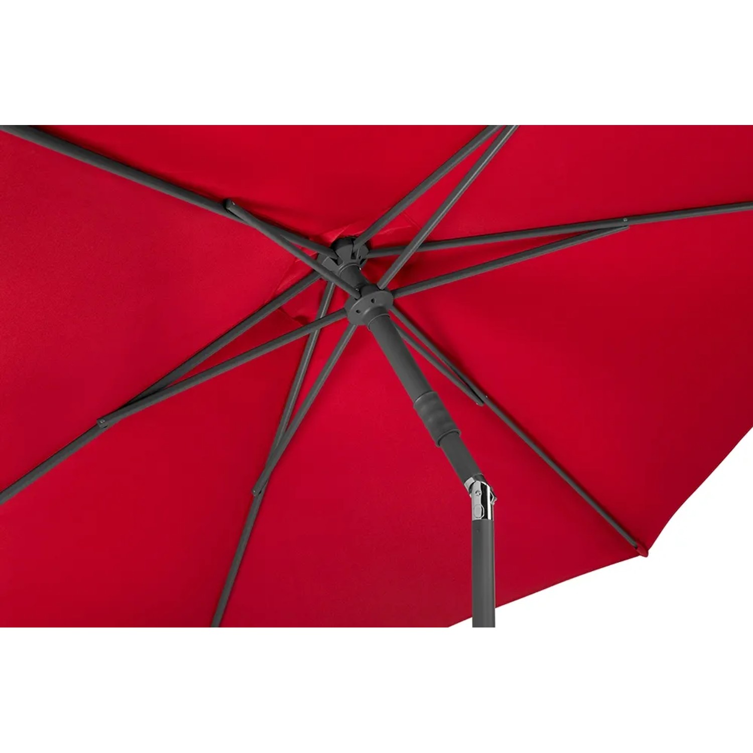 Detailaufnahme: Roter Schneider Marktschirm mit Knickfunktion, Blick von unten auf das Gestell.