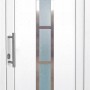 Weiße Kunststoff-Haustür, 100x200 cm, mit Glaseinsatz und Griff links.
