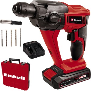 Einhell Akku-Bohrhammer TE-HD 18 Li mit Akku, Ladegerät, Bohrer-Set und Koffer.