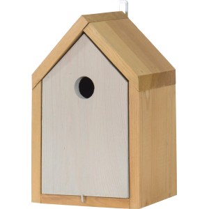 Hellgrau-brauner Nistkasten aus Kiefernholz (FSC®) mit rundem Einflugloch.