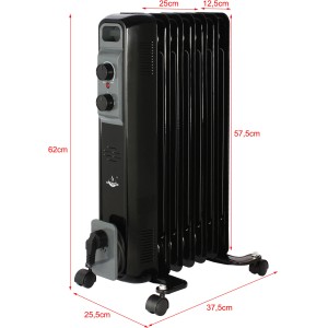 Schwarzer, mobiler El Fuego Ölradiator mit 7 Rippen und Thermostat.