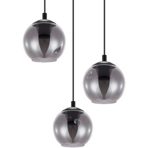 Eglo Hängeleuchte Ariscani mit drei transparent-schwarzen Glas-Kugeln.