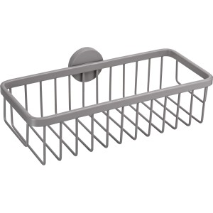 Rechteckiger, grauer baliv Duschkorb zur Wandmontage. Drahtdesign für Wasserablauf.