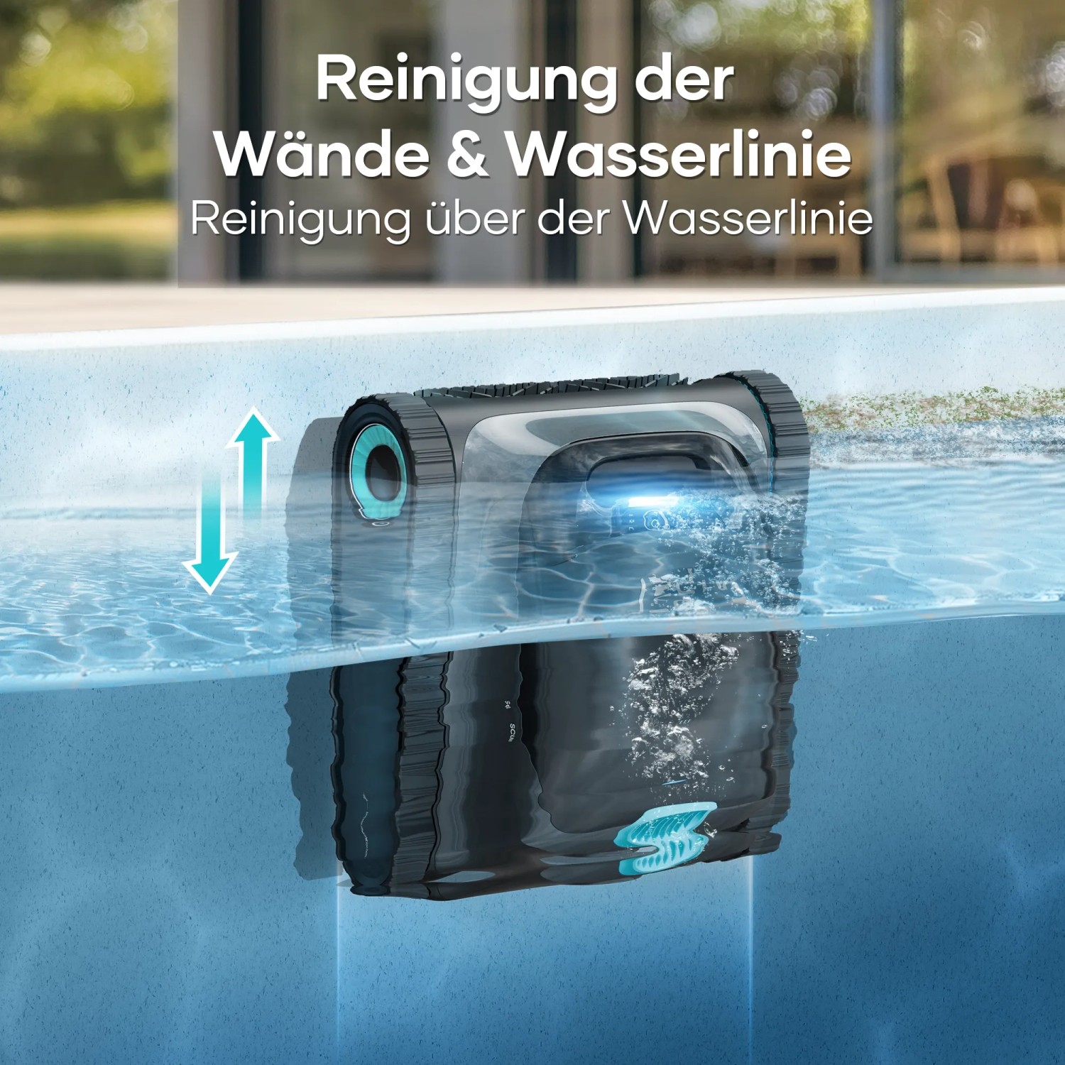 Aiper Scuba S1 Poolroboter bei der Reinigung der Poolwand und Wasserlinie.