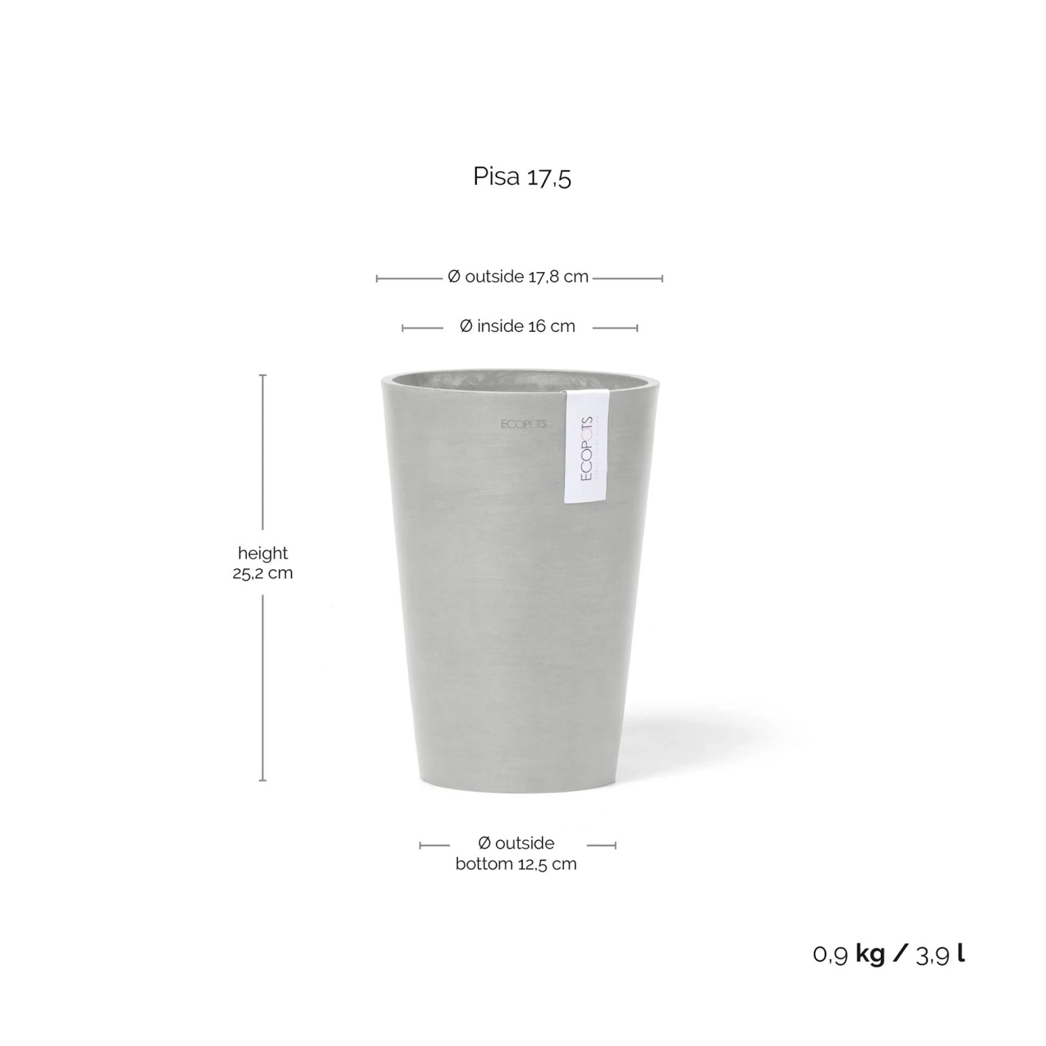 Ecopots Vase Pisa, weißgrau, 17,5 cm. Elegante Blumenvase für Innen & Außen.