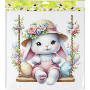 Bunter Hasen-Sticker (Ø 30,5 cm) mit Häschen auf Schaukel, ideal als Osterdeko.