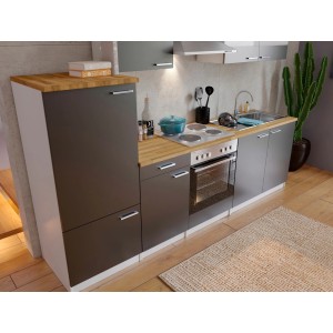 Respekta Küchenzeile KB270WG in Grau-Weiß mit E-Geräten und Nussbaum-Arbeitsplatte.