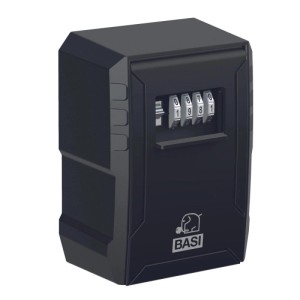 Schwarzer Basi Schlüsselsafe SSZ 300 aus Aluminium mit 4-stelligem Zahlenschloss zur Wandmontage.