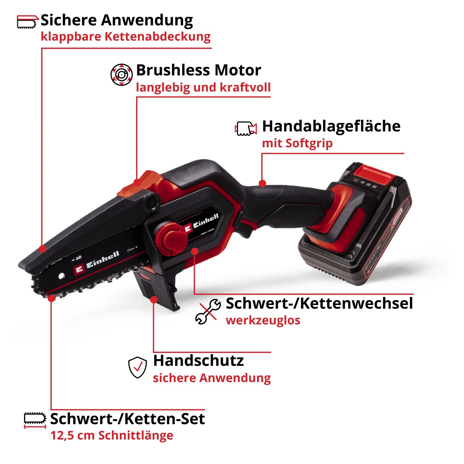 Einhell Akku-Kettensäge GE-PS 18/15 Li BL Kit mit Akku. Kompakte Akku-Säge für Gartenarbeiten.
