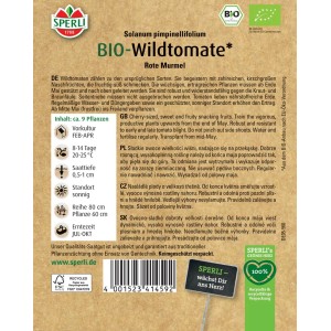 Sperli Bio Wildtomate Rote Murmel Samen, Verpackung mit Tomaten-Abbildung.