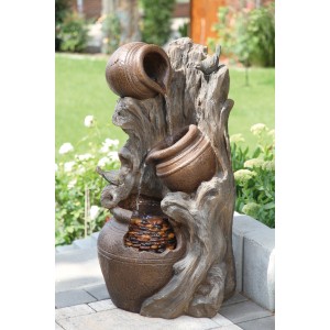 Silex Kunststeinbrunnen Ascona mit drei Terrakotta-Töpfen und Vogel auf Baumstamm-Optik.