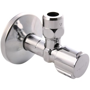 Schell Eckventil, 16,66 mm (G 3/8), Messing verchromt, mit Rosette und Quetschüberwurf.