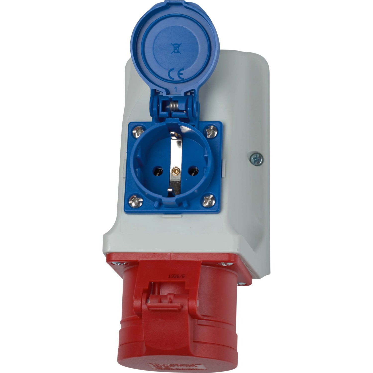 CEE Kombi-Wandsteckdose, 5-polig, IP44, 16 A, rot, grau und blau, zur Wandmontage.