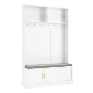 okwish Garderobenständer mit Schuhbank 6 Dreifach-Haken Flur 120x191x40cm Weiß