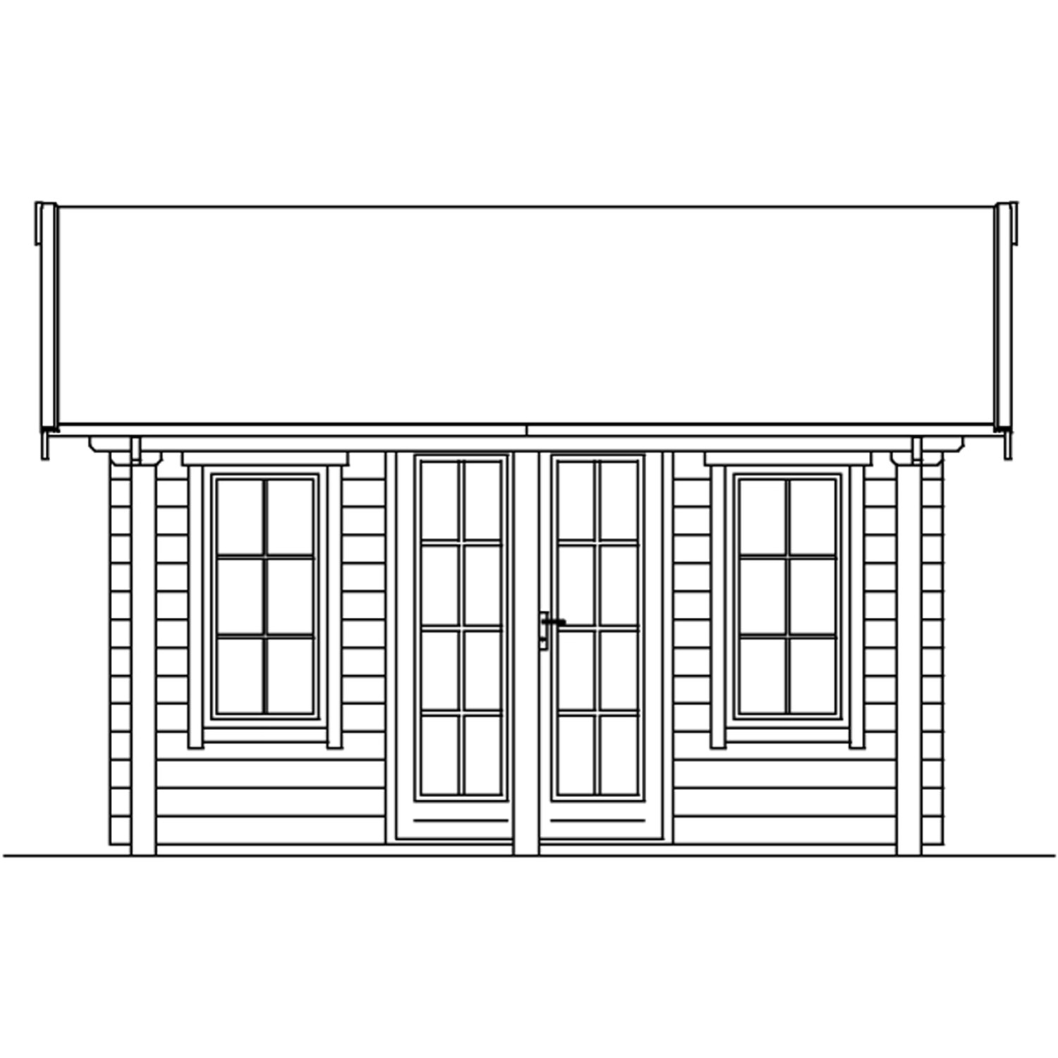 Skizze: Skan Holz Freizeithaus Luzern, 380x300 cm, Natur, mit Doppeltür und Fenster.