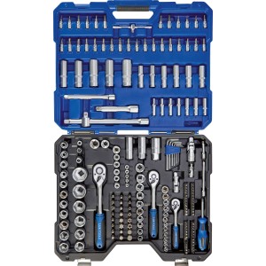 200-teiliger LUX Steckschlüsselsatz im blauen Koffer, sortiert mit Ratschen, Nüssen und Bits.