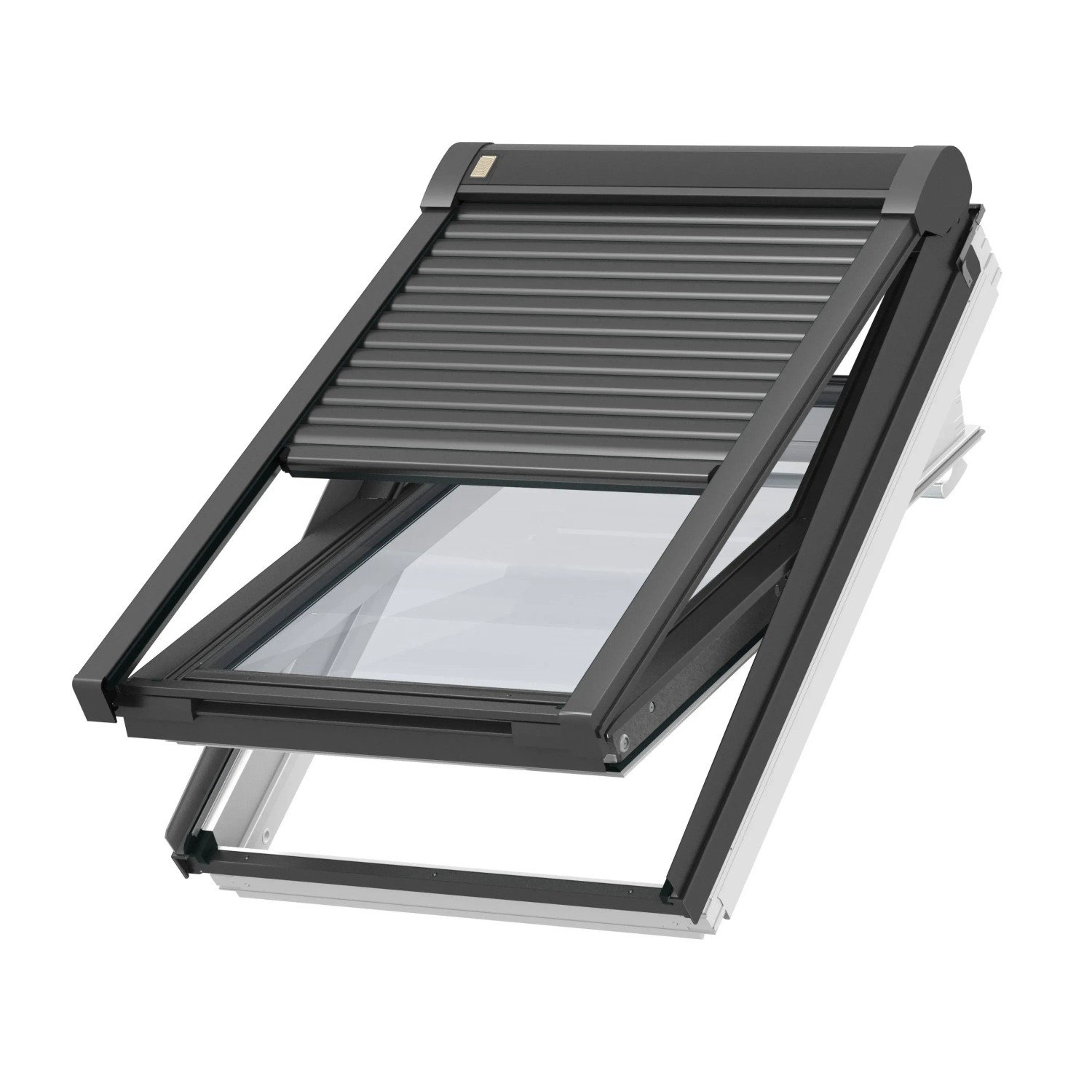 Velux Elektro-Rollladen SML, 55x70 cm, Alu, für Dachfenster, teilweise geöffnet.