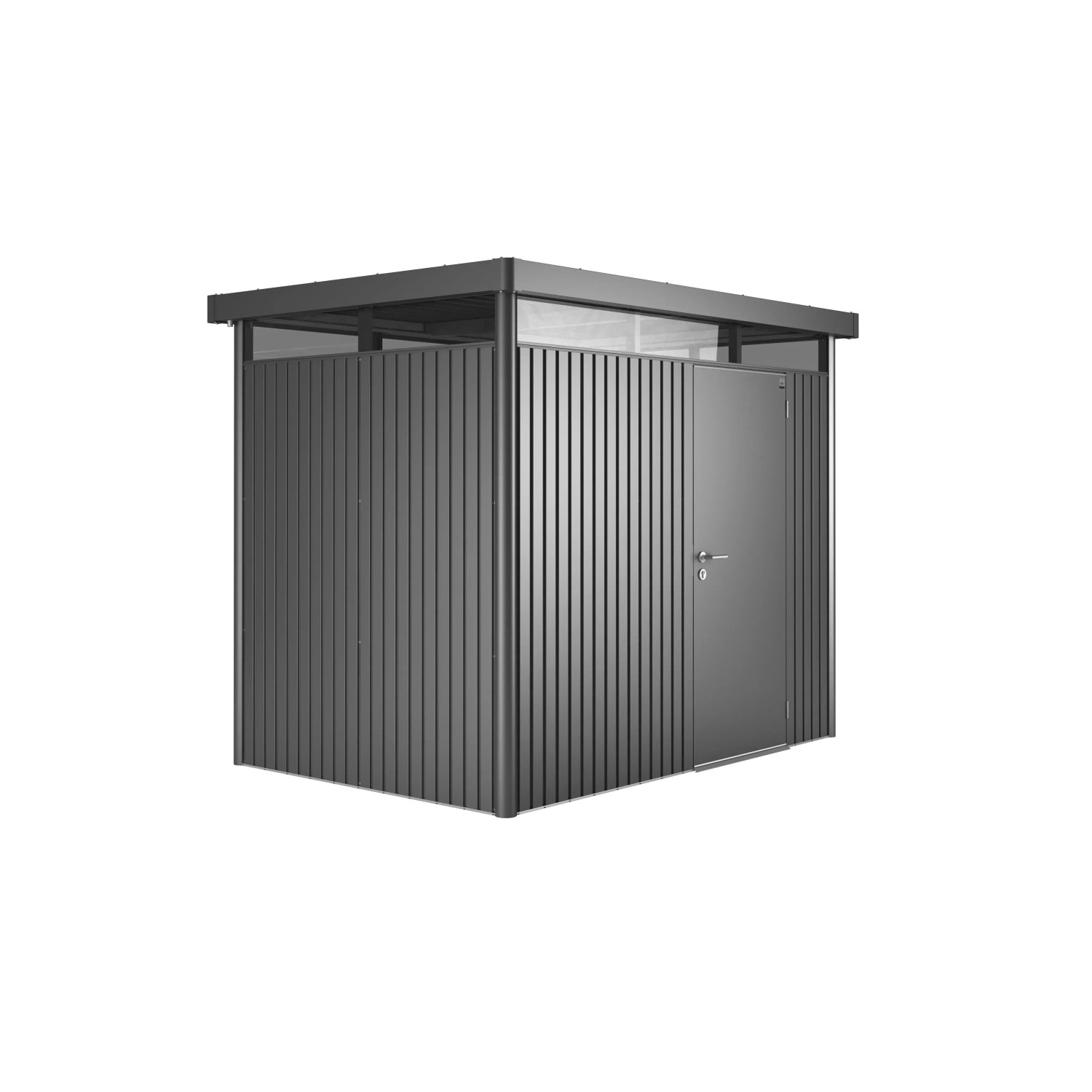 Biohort Metall-Gerätehaus HighLine in Dunkelgrau-Metallic mit Einzeltür. Gerätehaus für Garten.