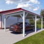 Holzbrüder Einzelcarport Ralf, reinweiß mit rotem Blechdach und Auto.