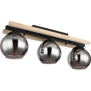 Globo Deckenleuchte mit 3 Rauchglas-Schirmen, schwarz matt und Holz naturfarben.