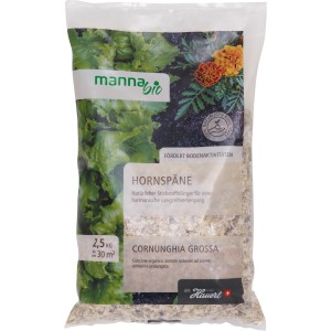 Verpackung Manna Bio Hornspäne 2,5 kg: Natürlicher Stickstoffdünger für gesunde Pflanzen.