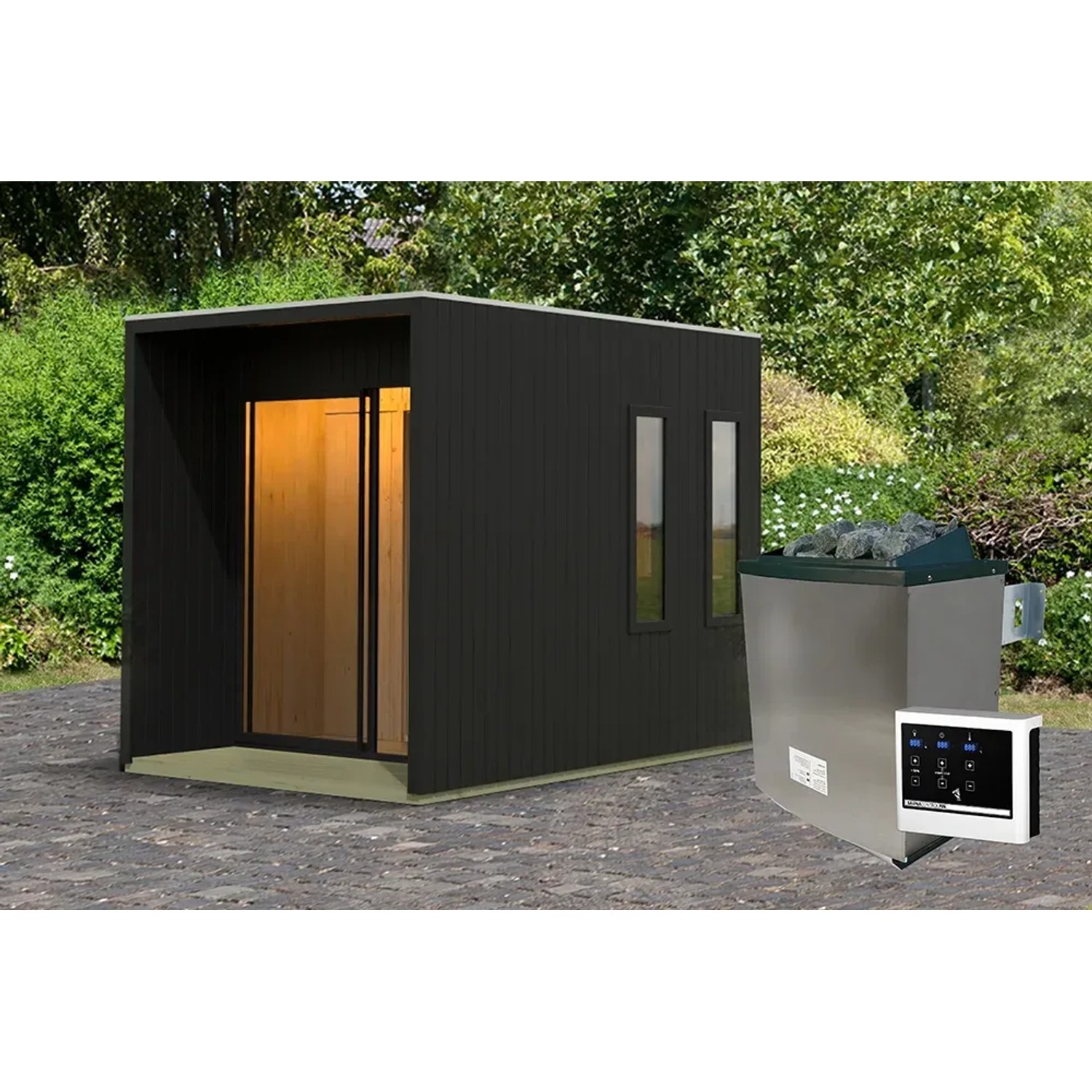 Schwarzes Karibu Saunahaus-Set Alassio mit Ofen und externer Steuerung im Garten.