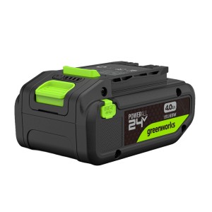 Greenworks 24V Akku 4Ah mit USB-C Anschluss. Schwarzes Gehäuse, grüne Details, Powerbank-Funktion.