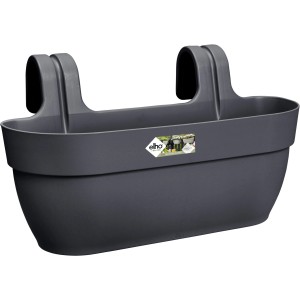 Anthrazitfarbener Elho Blumenkasten Vibia Campana L, 46 cm, für Geländer bis 6 cm Breite.