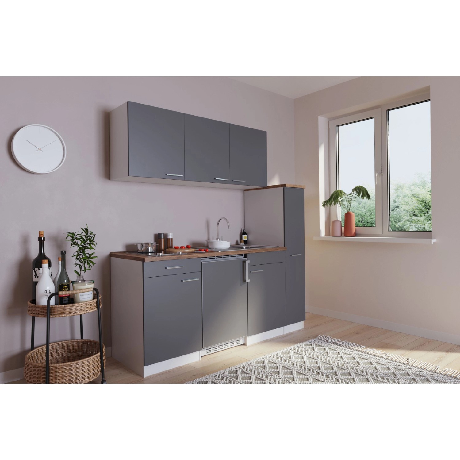 Respekta Küchenzeile KB180WGC in Grau-Weiß mit Spüle, Kochfeld und Kühlschrank.