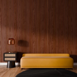 Akustikpaneel Wandverkleidung Walnuss geölt, mit gelbem Sofa und Lampe im Raum.