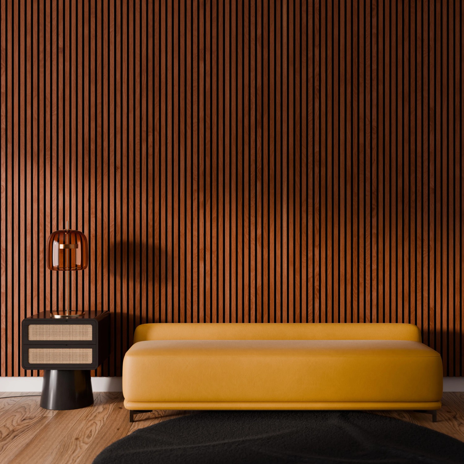 Akustikpaneel Wandverkleidung Walnuss geölt, mit gelbem Sofa und Lampe im Raum.