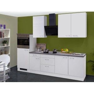 Weiße Flex-Well Küchenzeile Lucca 270 cm mit Einbaubackofen, Glaskeramikkochfeld und Dunstabzugshaube.