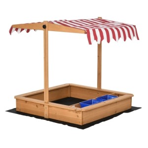 Outsunny Sandkasten aus Holz mit rot-weiß gestreifter Abdeckung und blauen Behältern für Kinder.