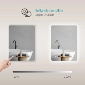 Emke Badspiegel mit LED-Beleuchtung, dimmbarer Helligkeit per Touchschalter, von 10% bis 100% einstellbar.