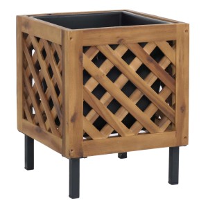 Quadratischer Pflanzkasten aus braunem Akazienholz mit Gittermuster, schwarzem Einsatz und Stahlfüßen. Ideal für Balkon & Garten.
