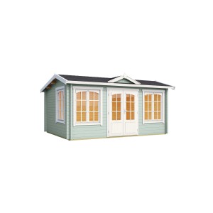 Lasita Maja Gartenhaus Windsor 44 in Gletschergrün mit Doppeltür und Fenstern.